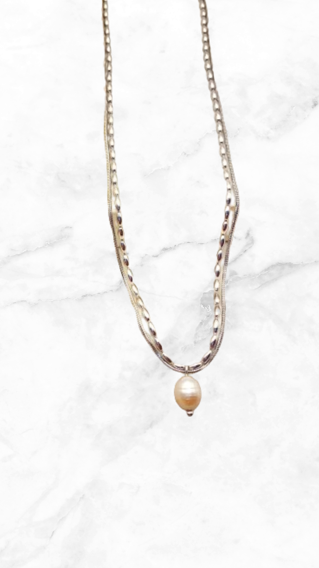 Collar Plateado Doble Oval Perla Acero