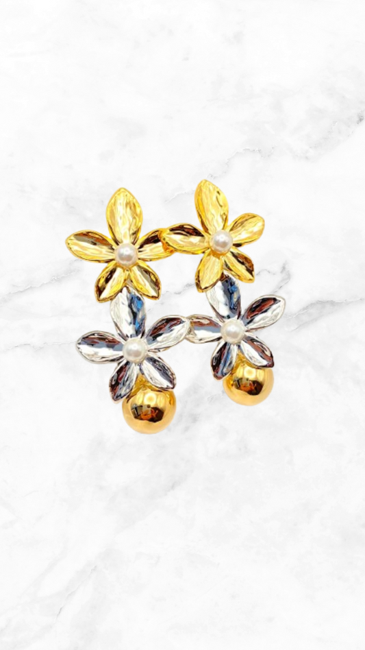 Arete Doble Flor Bicolor chapa de oro